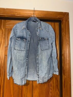 Stud-Embellished Light Wash Denim Shirt